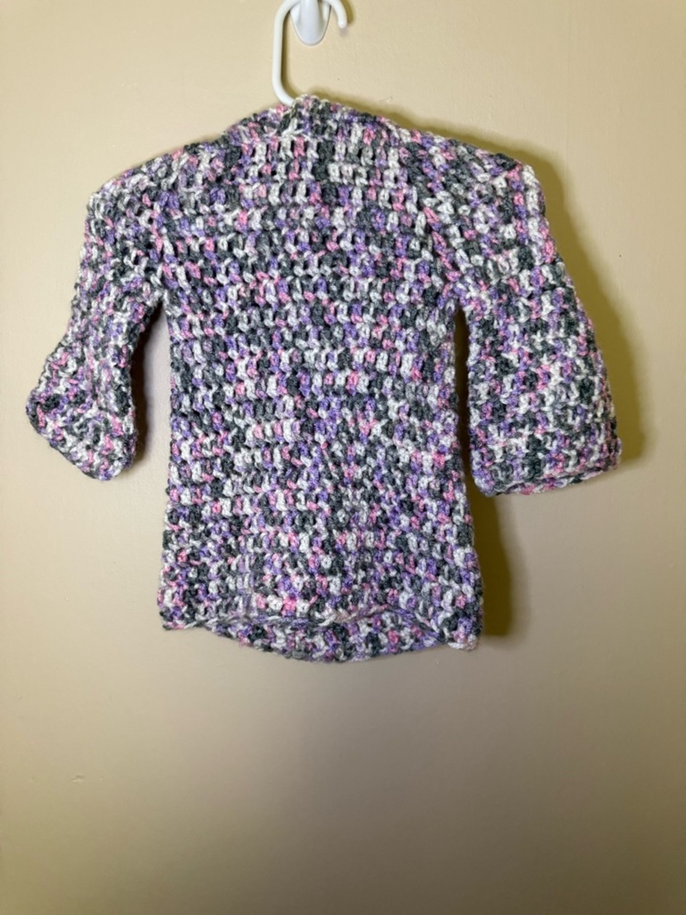 Hand Crafted Crochet Cardigan in Gray, Pink & Purple with Hood